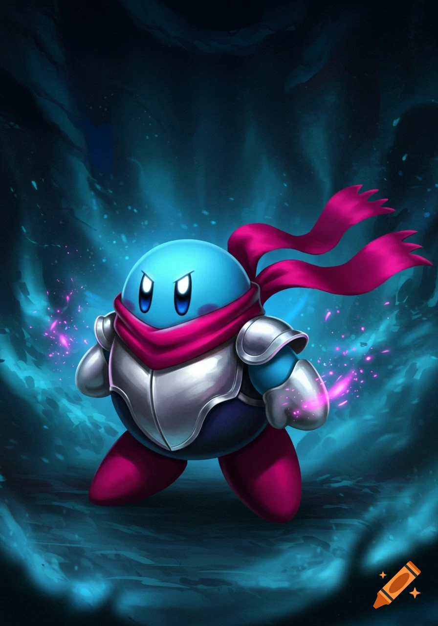 Blue-skinned Kirby in silver armor and a magenta scarf, with glowing purple energy, stands against a dark blue background in digital art style.