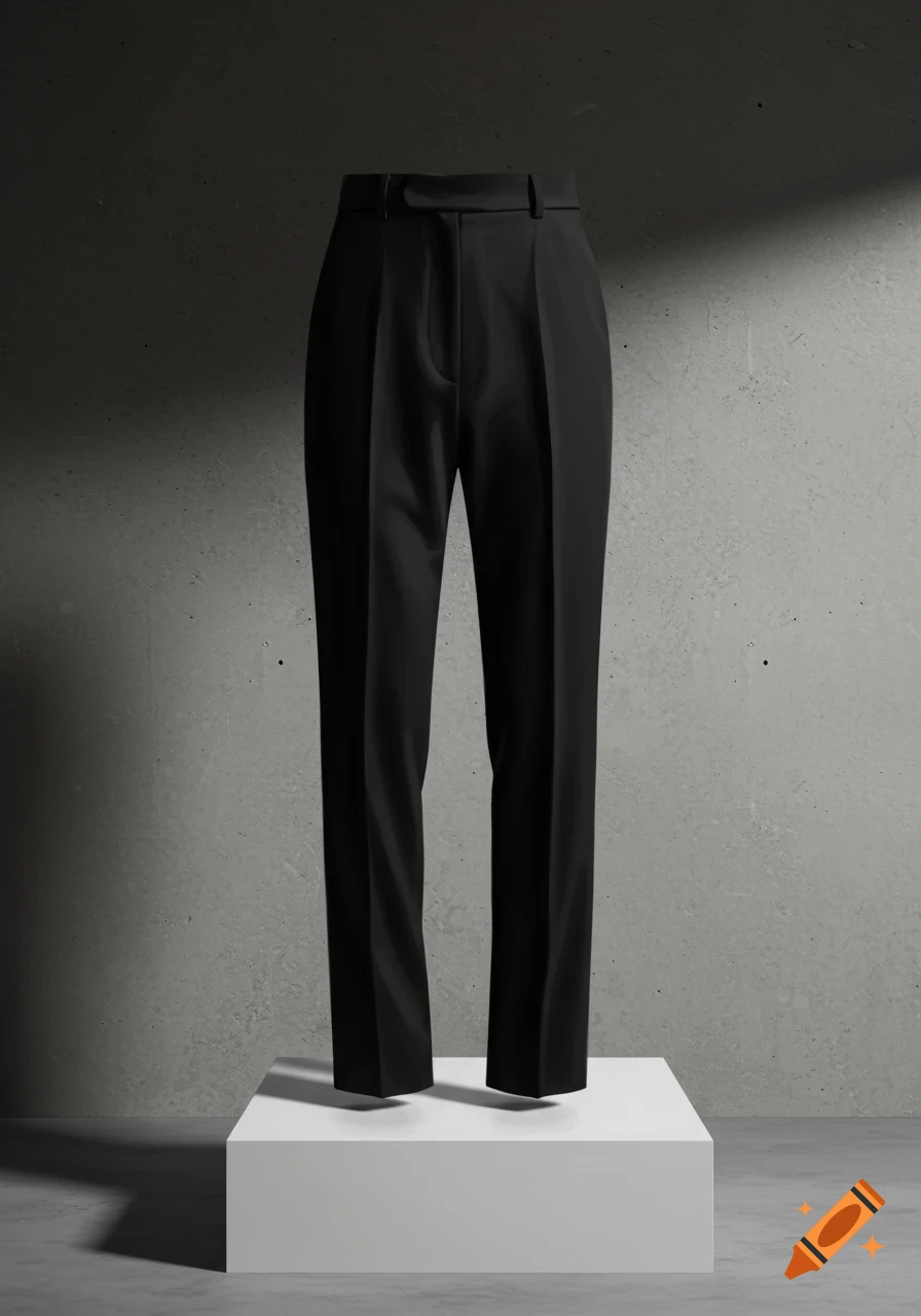 A pair of black pleated trousers displayed on a white stand against a concrete wall with dramatic lighting.