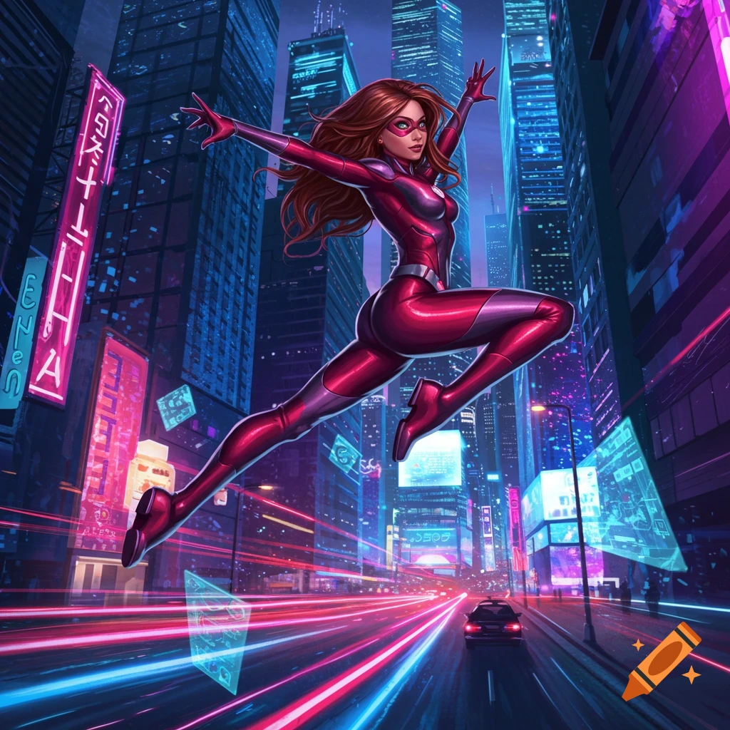 A female superhero in a red suit leaps through a neon-lit futuristic city at night, with motion blur streaks.
