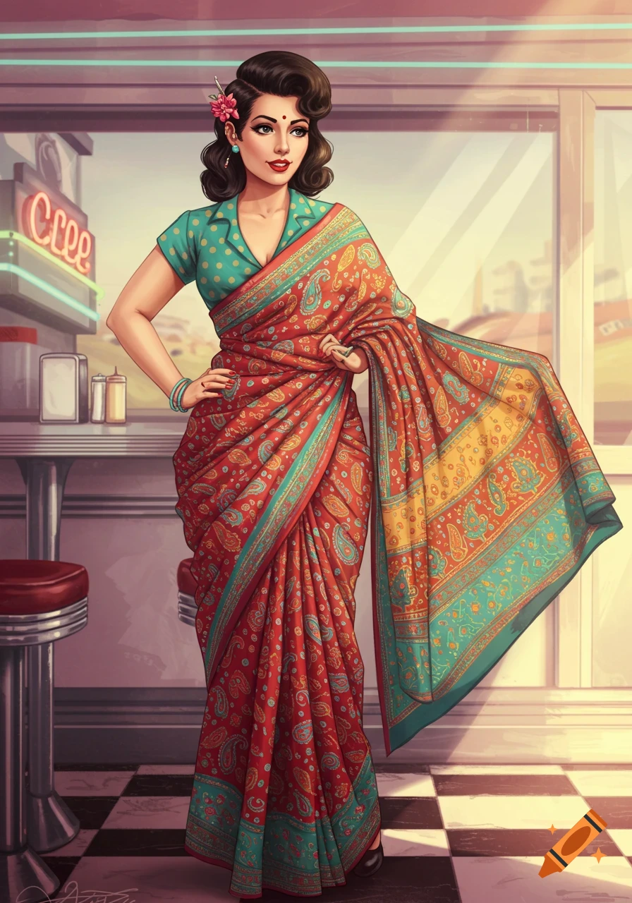 Pin-up style art of a woman in a colorful patterned sari and polka dot blouse, posing in a retro diner with a neon sign.