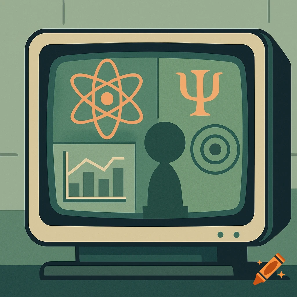 A retro-style monitor displays scientific diagrams, including an atom symbol, a Psi symbol, a bar chart, and a human silhouette.