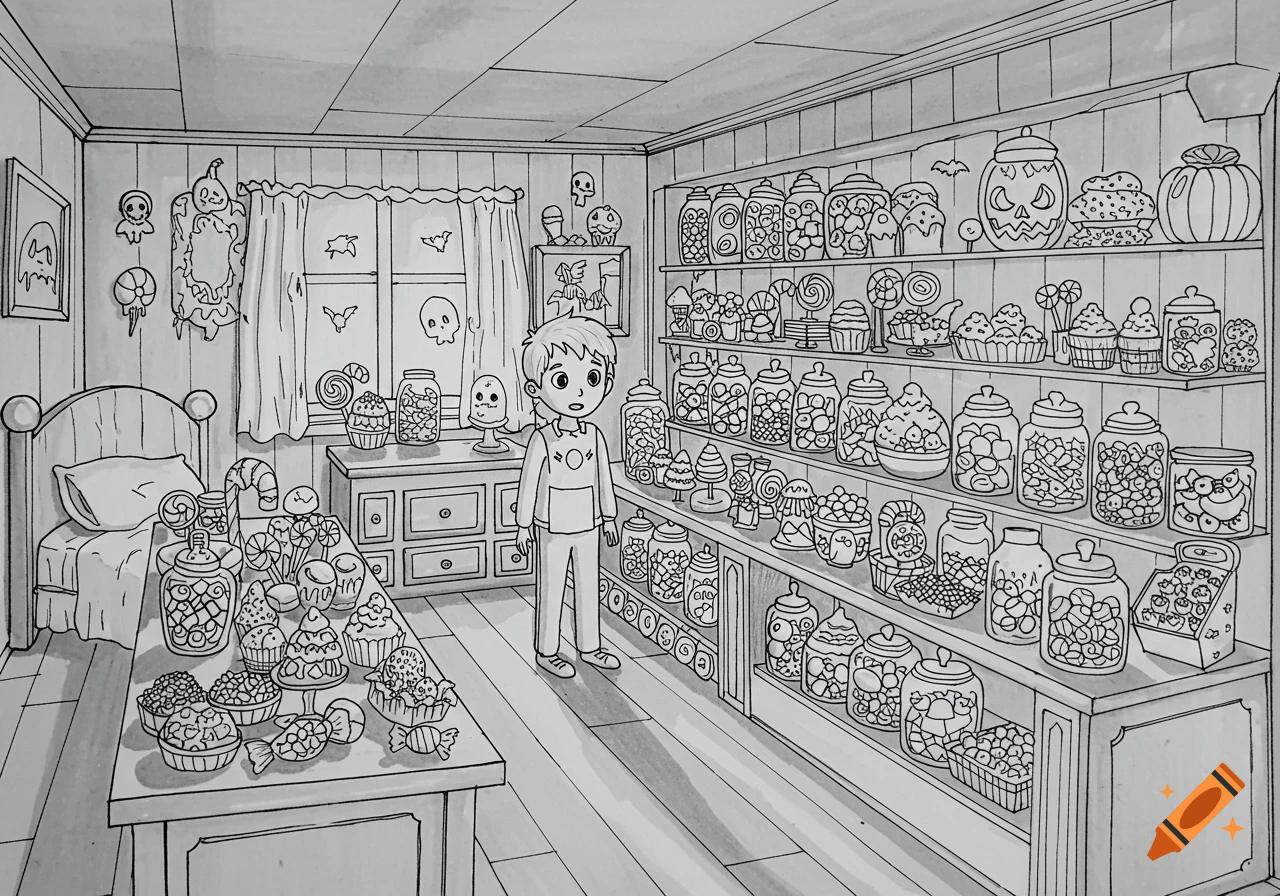 Black and white drawing of a boy standing in a bedroom filled with jars of candy and Halloween decorations.
