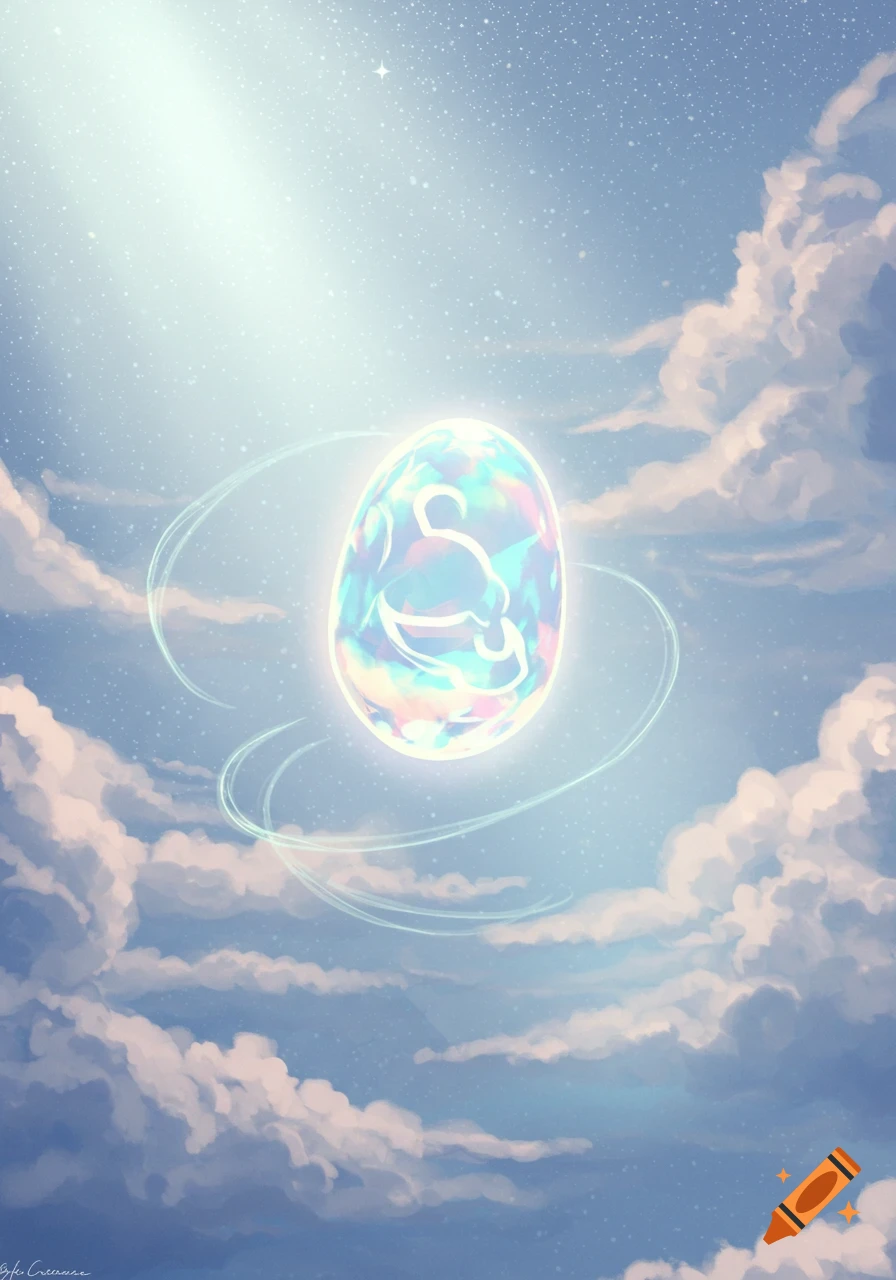 A glowing, iridescent, egg-shaped object floats amidst bright clouds and faint stars in a fantastical illustration.