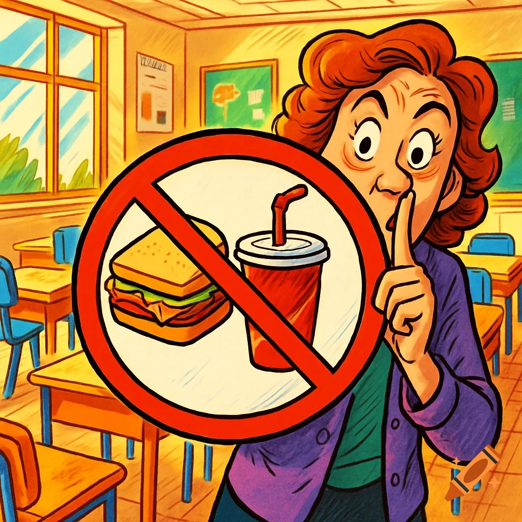Cartoon teacher shushing in a classroom with a 'no food or drink' symbol over a sandwich and soda.