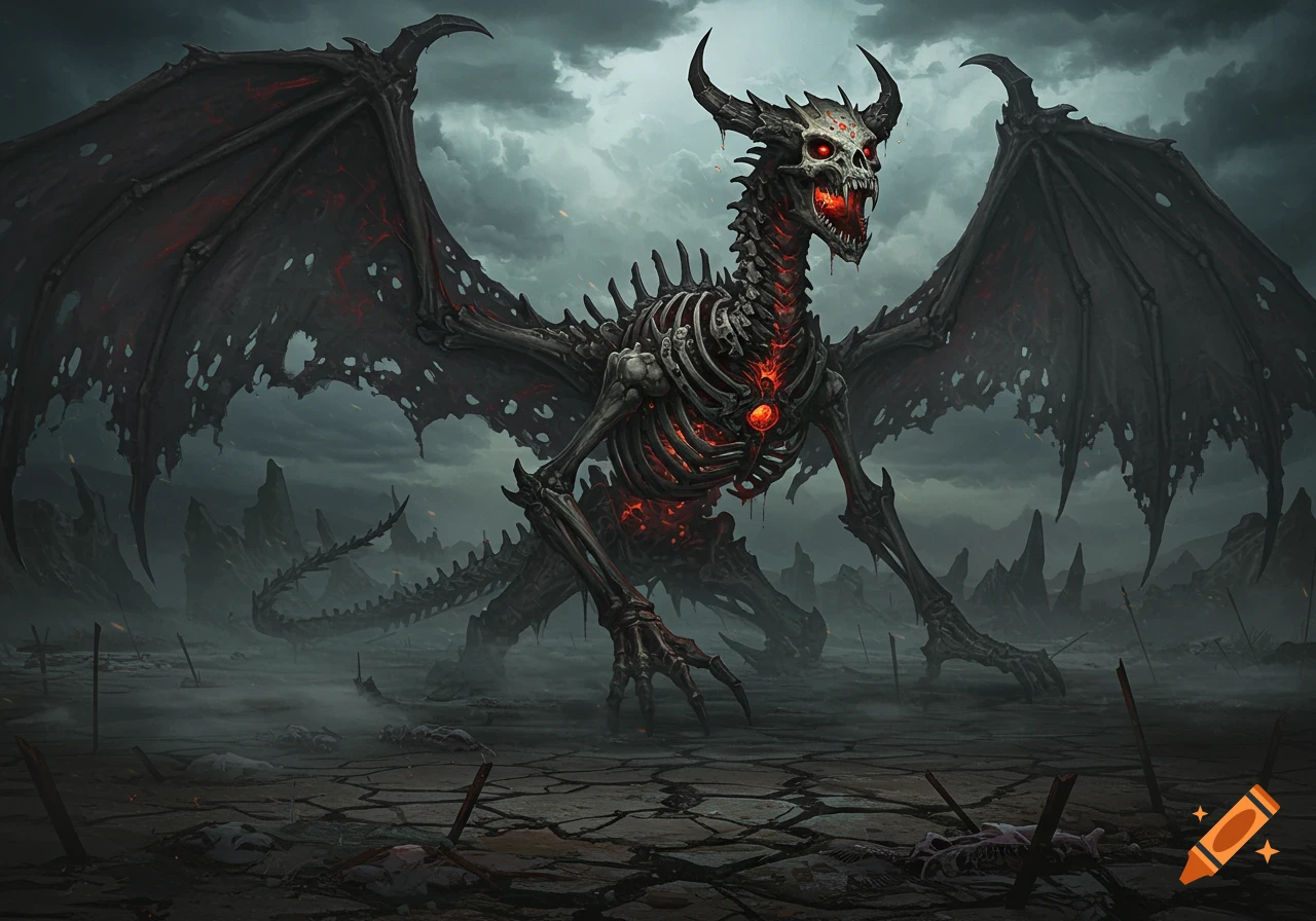 A skeletal black dracolich with glowing red eyes and chest stands in a foggy, desolate, cracked wasteland under a stormy sky.