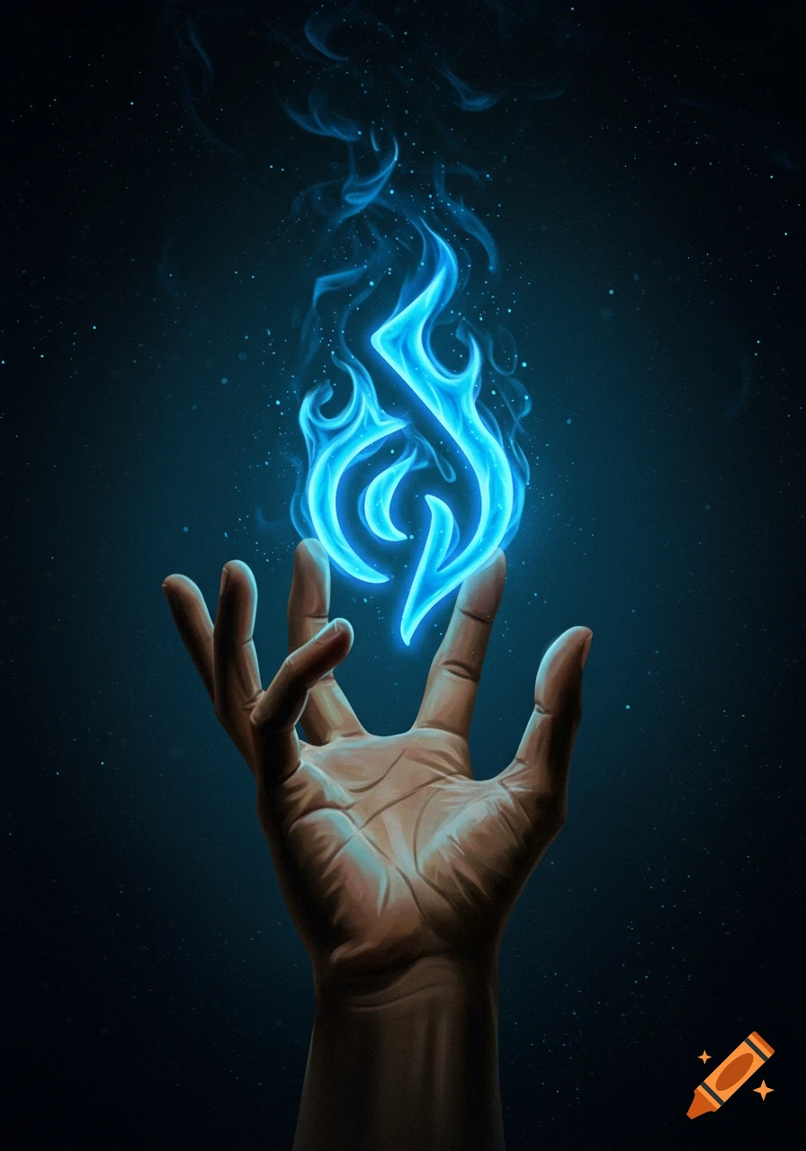 A human hand holds a bright blue, stylized flame against a dark, starry background, in a fantasy art style.