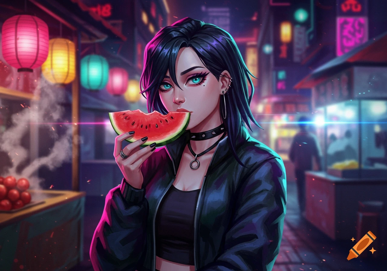 Anime woman with black hair and blue eyes eating a slice of watermelon in a neon-lit street market at night.