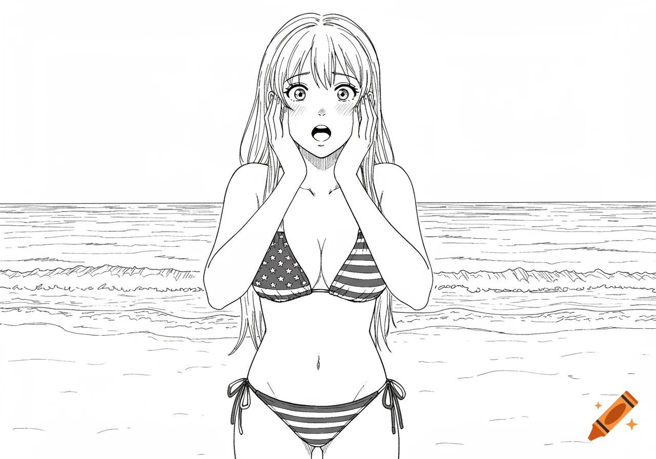 Black and white anime-style drawing of a surprised woman in an American flag bikini on a beach.