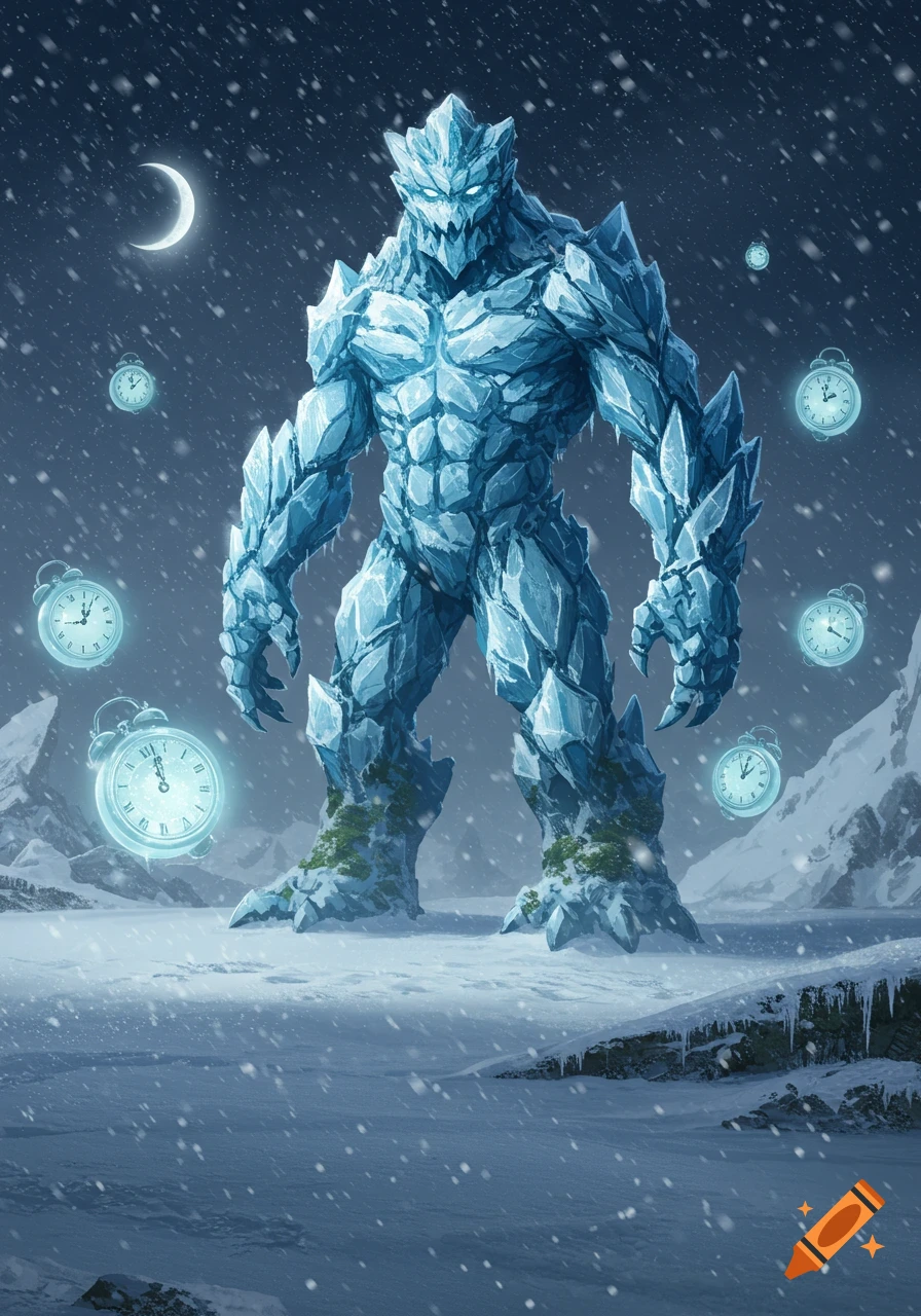 A towering ice monster stands in a snowy mountain landscape under a crescent moon, surrounded by glowing alarm clocks.