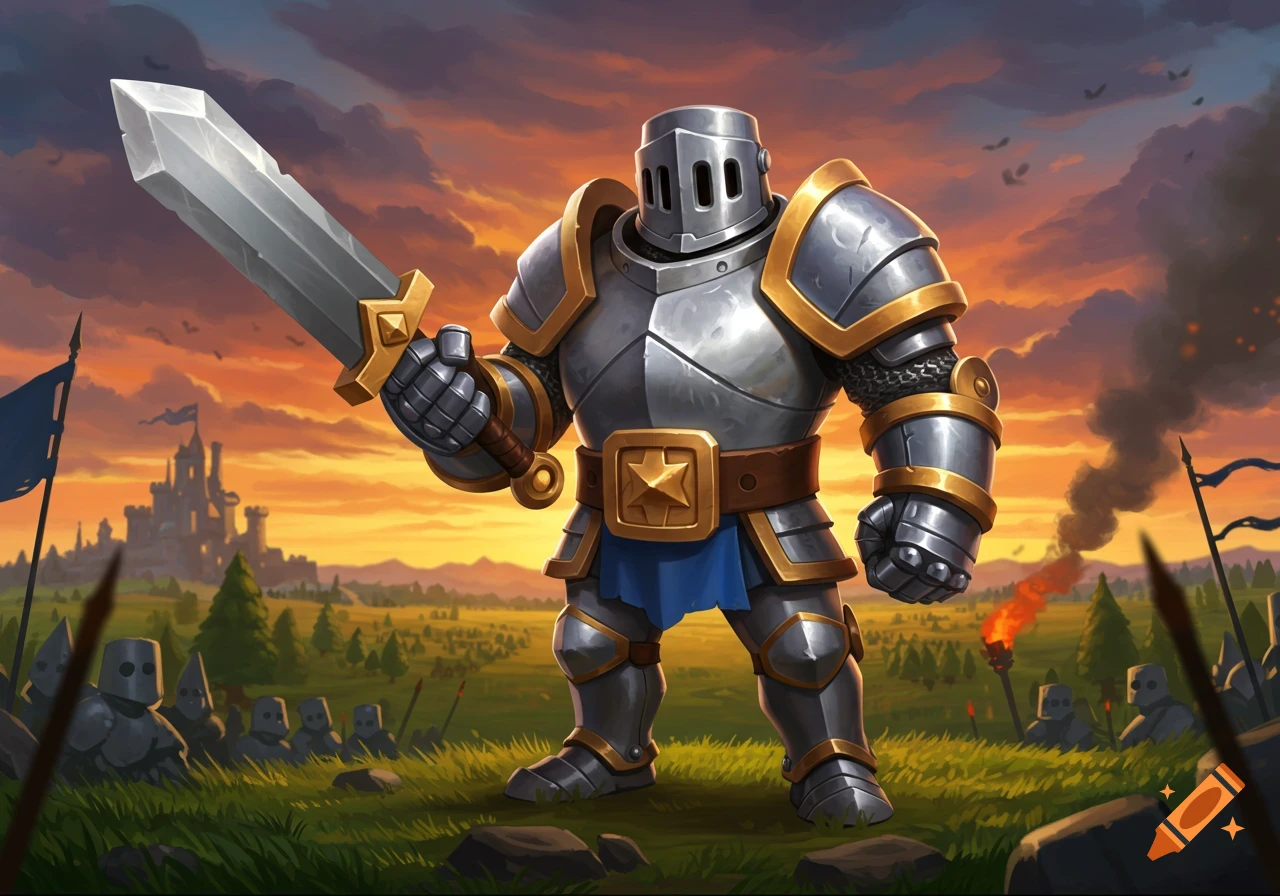 A cartoonish knight in silver and gold armor holds a large sword in a grassy field with a castle and smoke in the background at sunset.