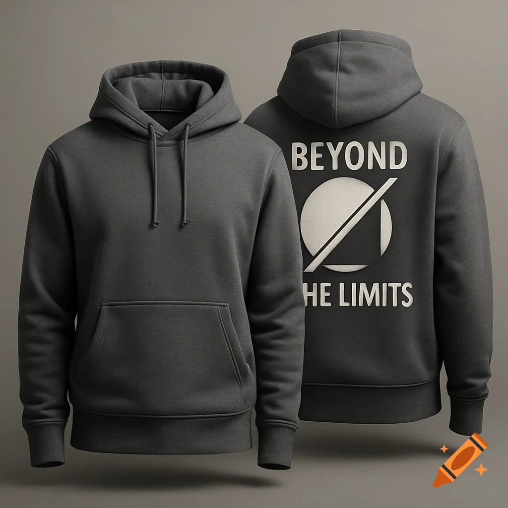 Two dark grey hoodies, front and back view. The back of the hoodie features a white 'BEYOND HE LIMITS' text and a geometric symbol.