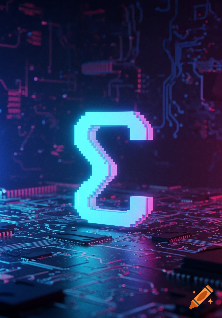 Neon blue and pink pixel art Sigma symbol glows on a dark circuit board with red and blue lights.