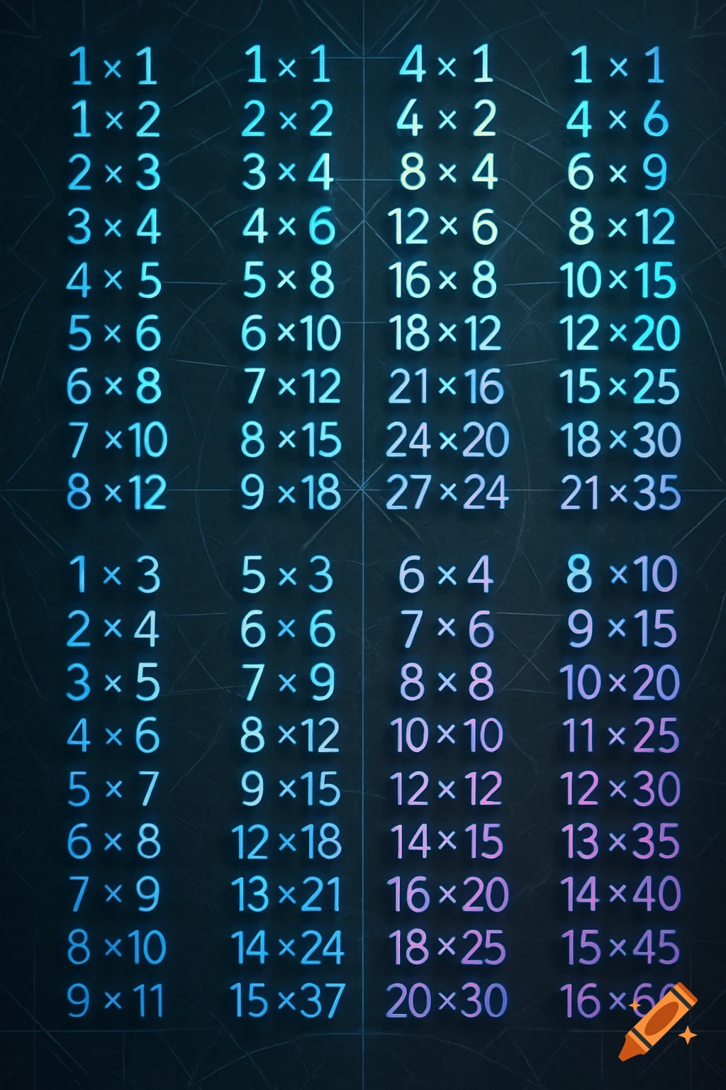 Neon-style mathematical multiplication tables are displayed in columns on a dark background, glowing in shades of blue and purple.