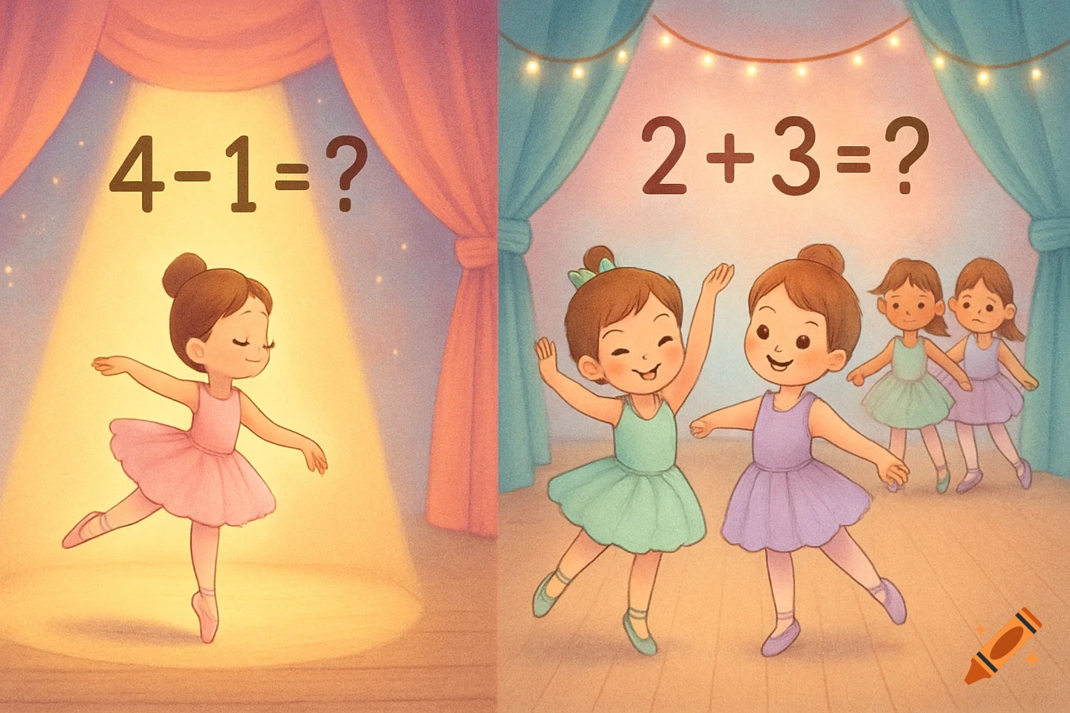 A children's illustration of ballerinas on a stage for math. Left: one ballerina with "4 - 1 = ?". Right: multiple ballerinas with "2 + 3 = ?".