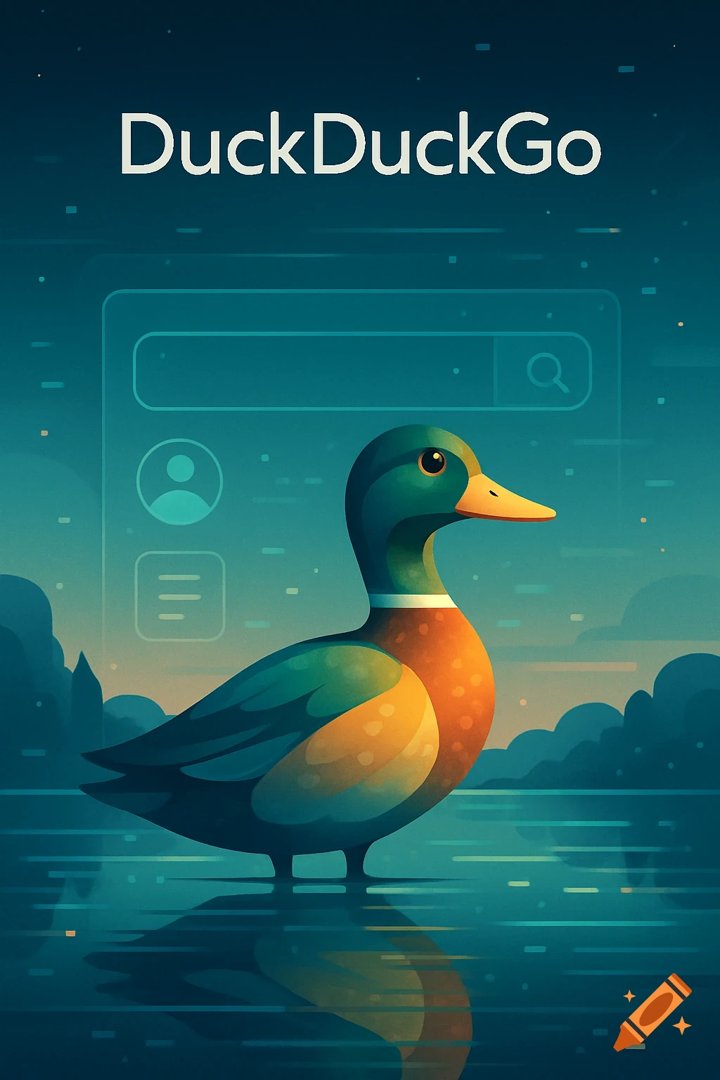 Stylized mallard duck in water with a digital search interface and "DuckDuckGo" logo in the background.