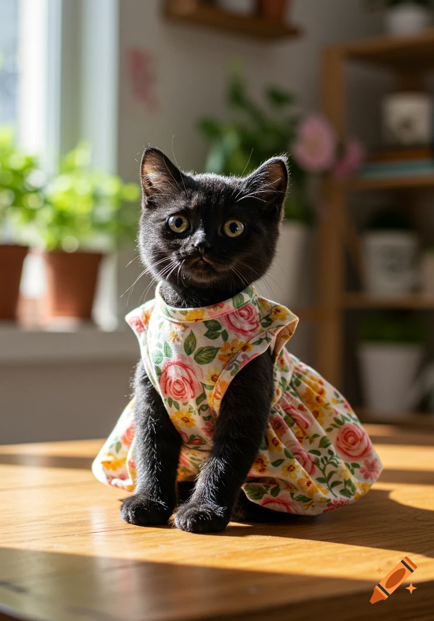 A black kitten wearing a pink and yellow floral dress sits on a wooden table in sunlight.