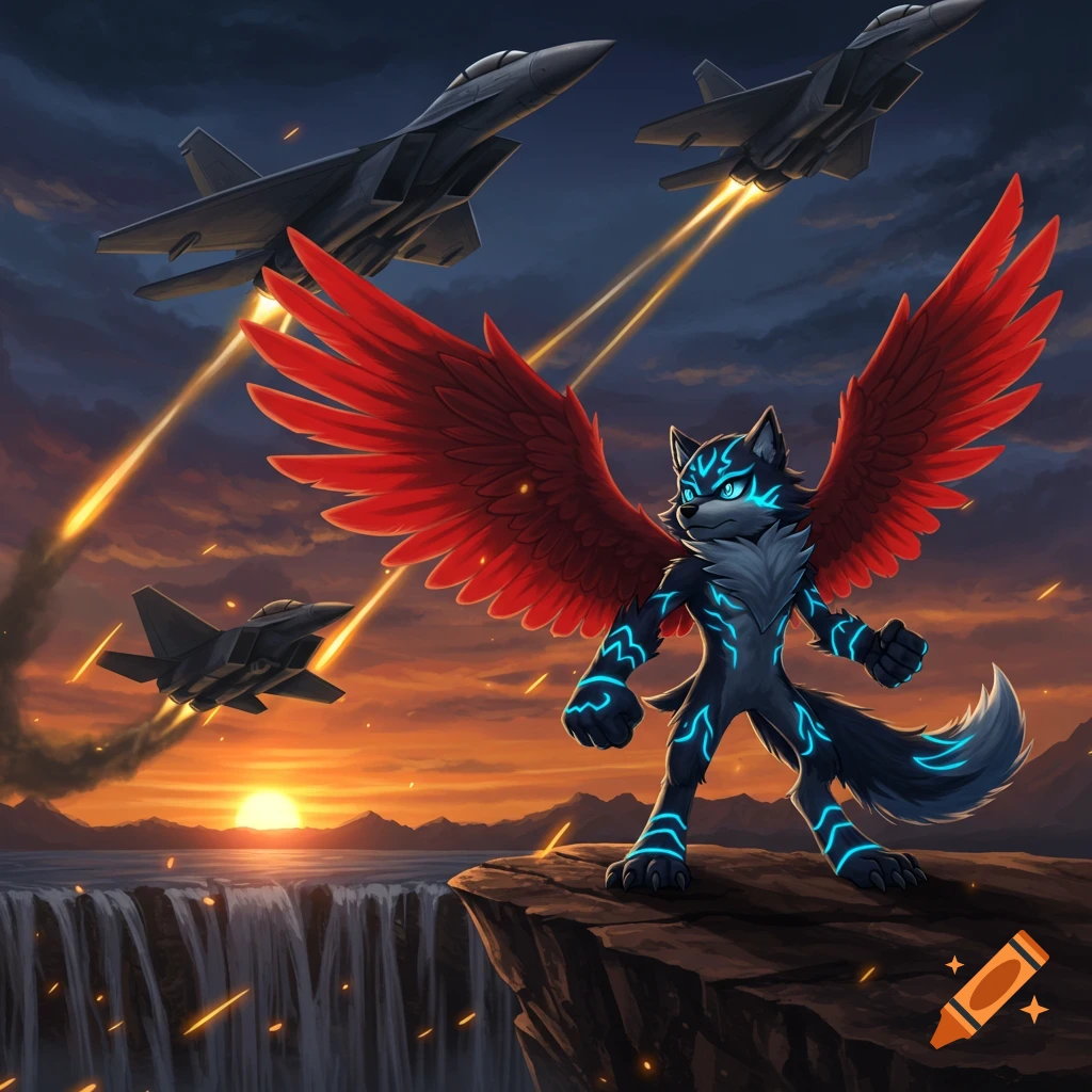 A stylized dark blue wolf with glowing patterns and red wings stands on a cliff at sunset as three fighter jets fly overhead, leaving glowing trails.