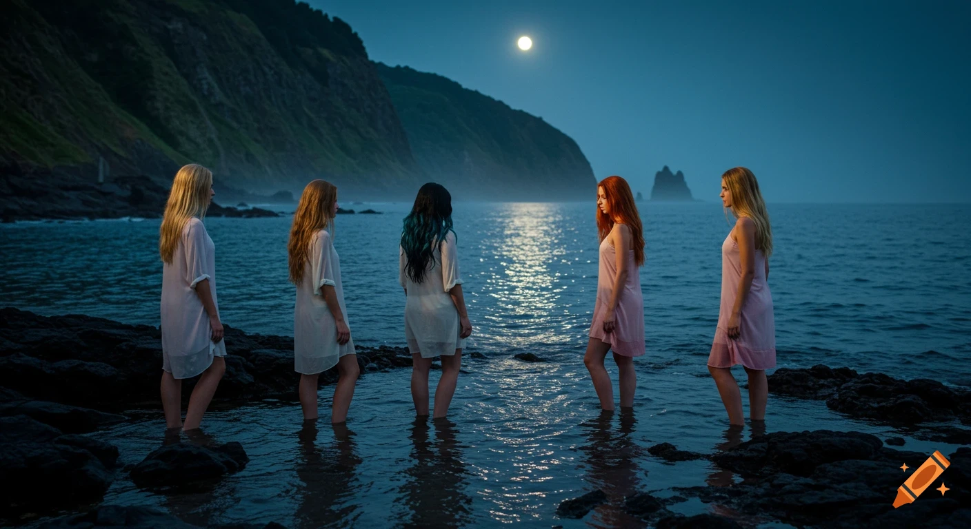 Five women in light tunics stand in the moonlit sea at night, with towering cliffs in the background. Photorealistic scene.