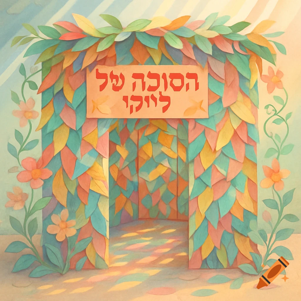A vibrant sukkah decorated with colorful paper leaf cutouts and a sign in Hebrew, with sunlight dappling the ground.