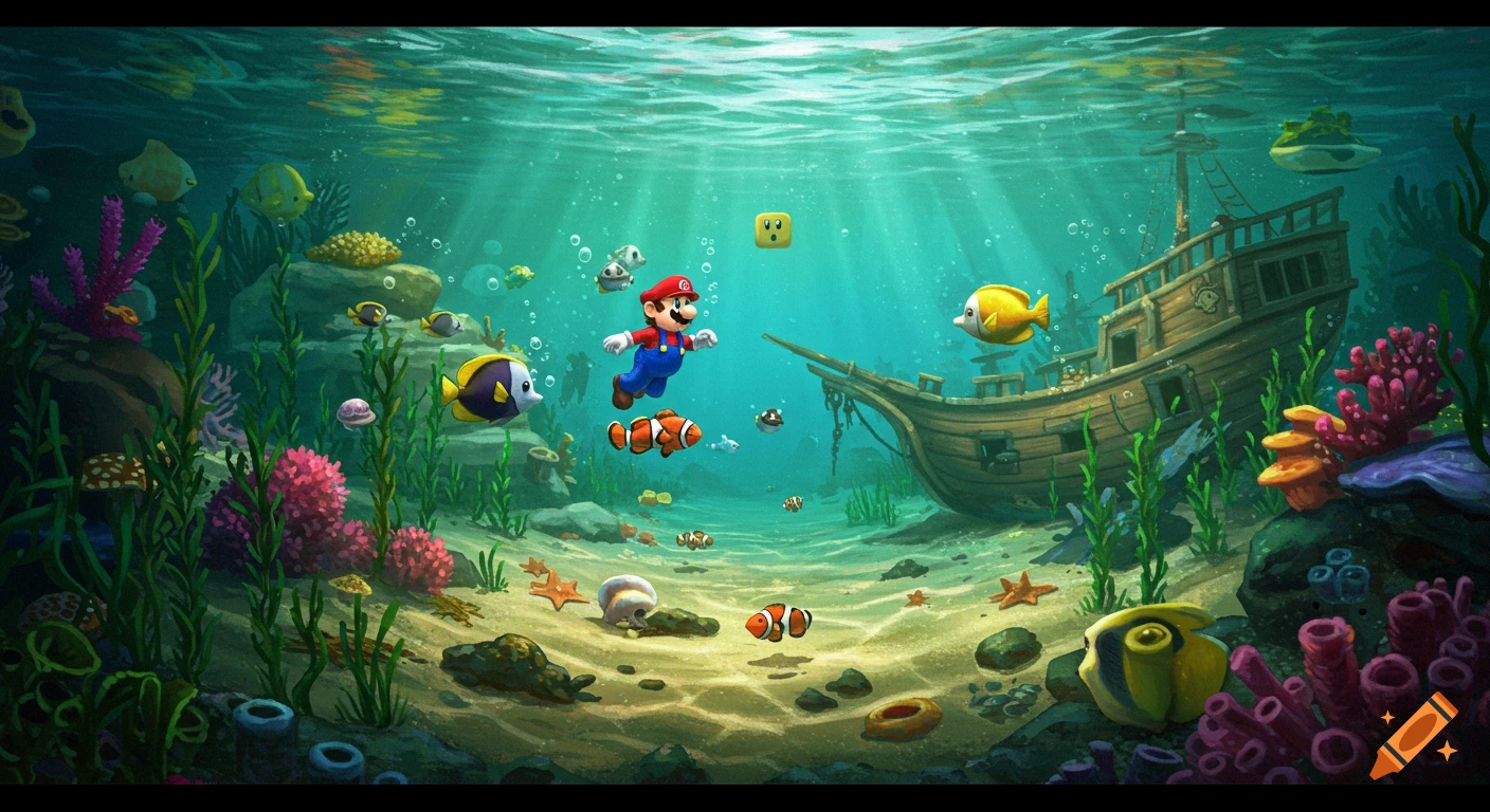 Mario swims through a vibrant underwater world with a sunken ship, colorful coral, and tropical fish, in a stylized art style.