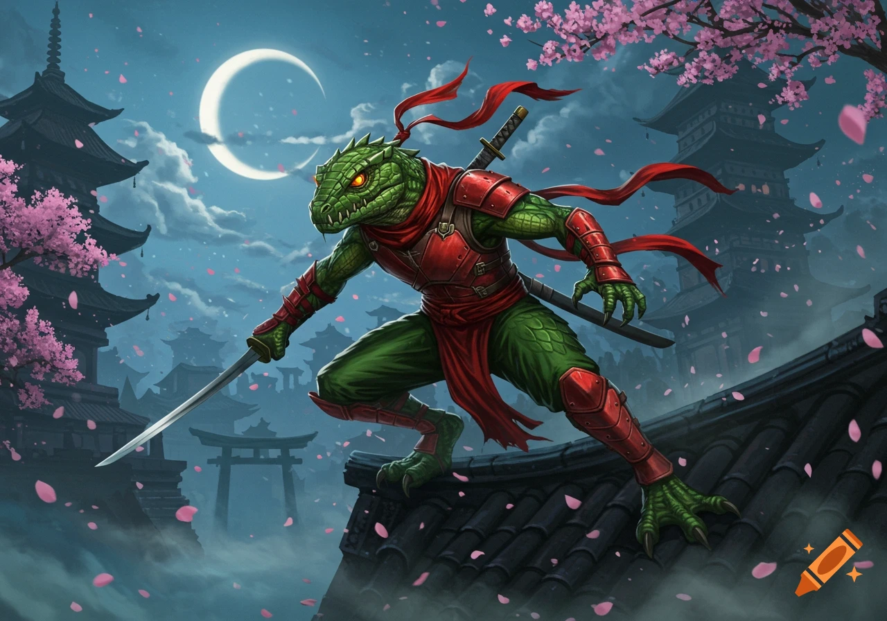 A green lizard ninja with red armor, wielding a katana, crouches on a tiled rooftop with cherry blossoms and Japanese pagodas under a crescent moon.