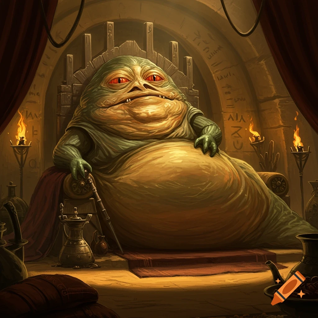 Jabba the Hutt, a large, slug-like alien with red eyes, sits on a stone throne in a dimly lit, ancient chamber with torches.