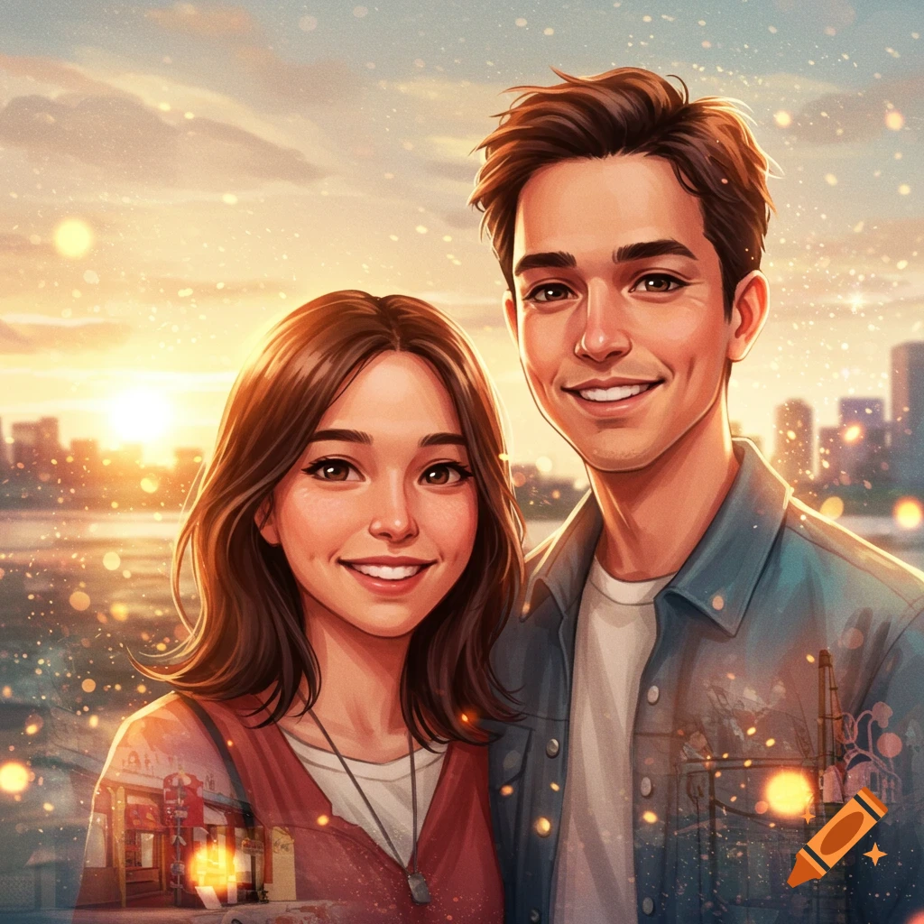 Anime-style portrait of a smiling young couple in front of a city skyline at sunset with bokeh lights.