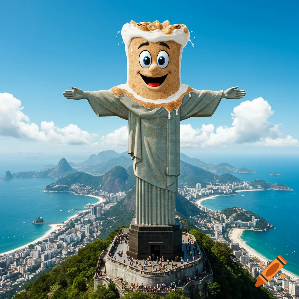 Photorealistic image of the Christ the Redeemer statue in Rio de Janeiro, with the Cinnamon Toast Crunch mascot's head.