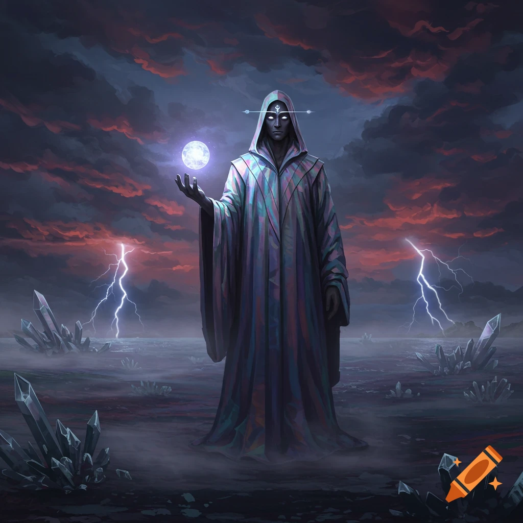 A hooded figure holds a glowing orb in a stormy, crystal-filled landscape with lightning. Digital art.