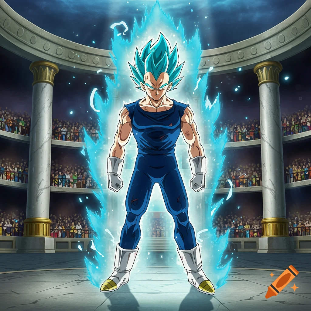 Vegeta in Super Saiyan Blue form with blue aura, wearing a dark blue outfit, standing in a large anime tournament arena.