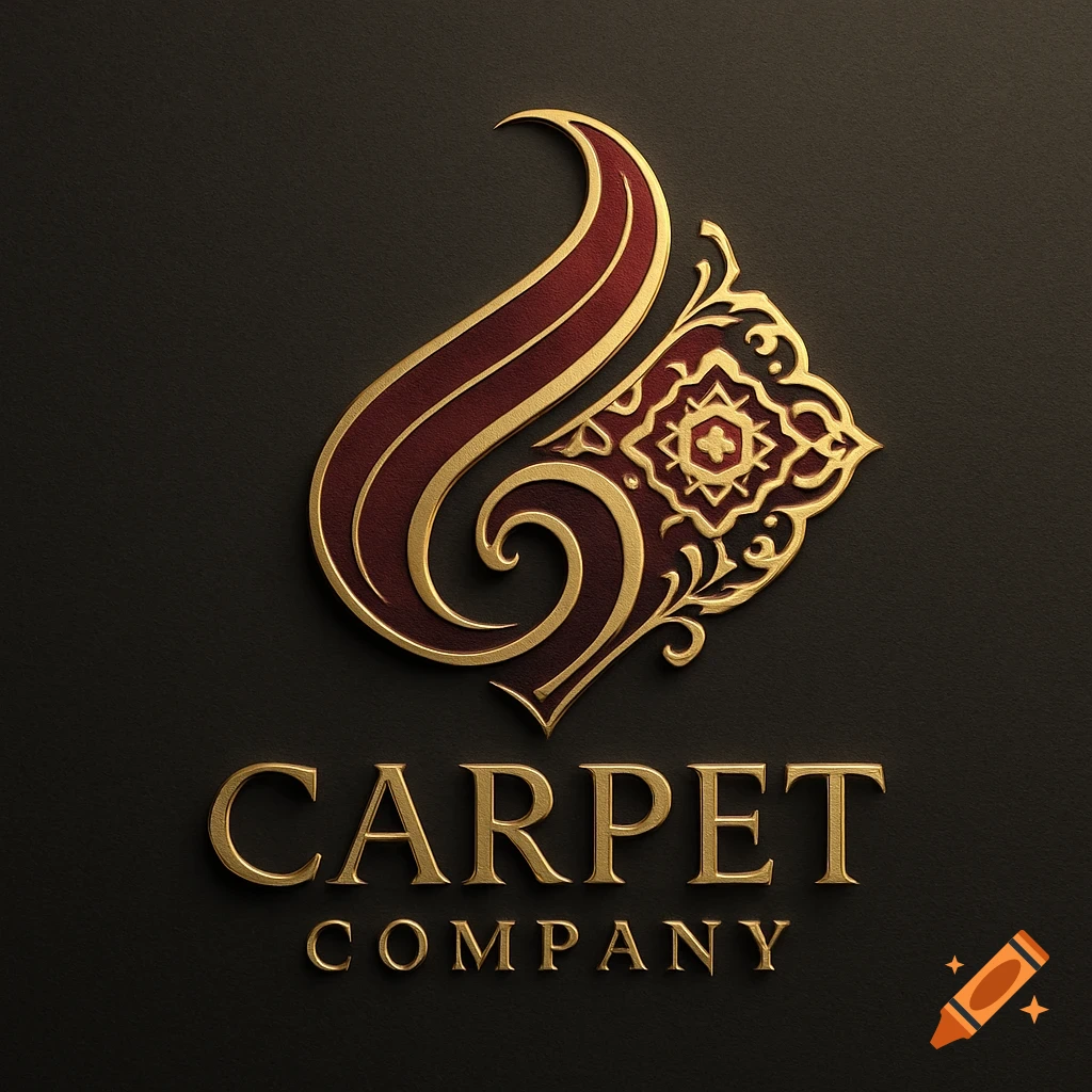 Elegant gold and maroon logo with ornate swirling patterns and 'CARPET COMPANY' text on a dark background.