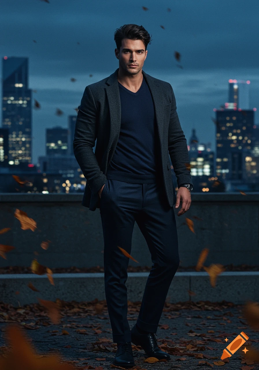 Handsome man in dark suit jacket and pants stands on a rooftop with falling leaves, city skyline at dusk.