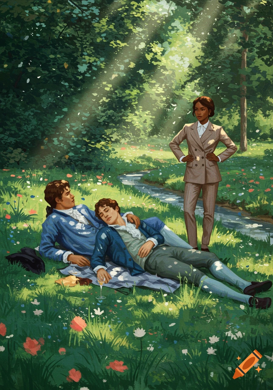 Illustrative painting of two men picnicking in a sunny, flower-filled park, one resting on the other, as a woman in a suit observes.