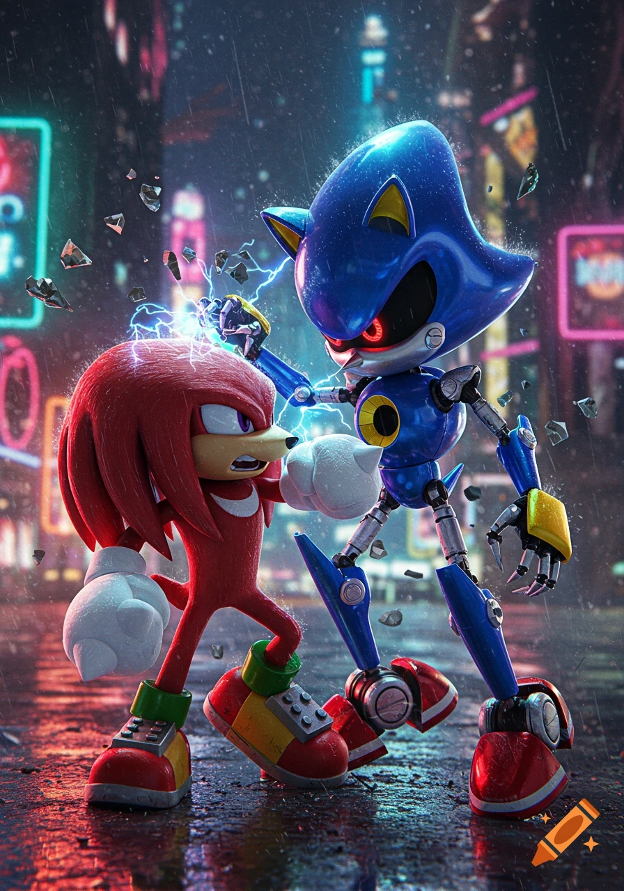 Metal Sonic chokes Knuckles with electric energy on a rainy, neon-lit city street, photorealistic style.