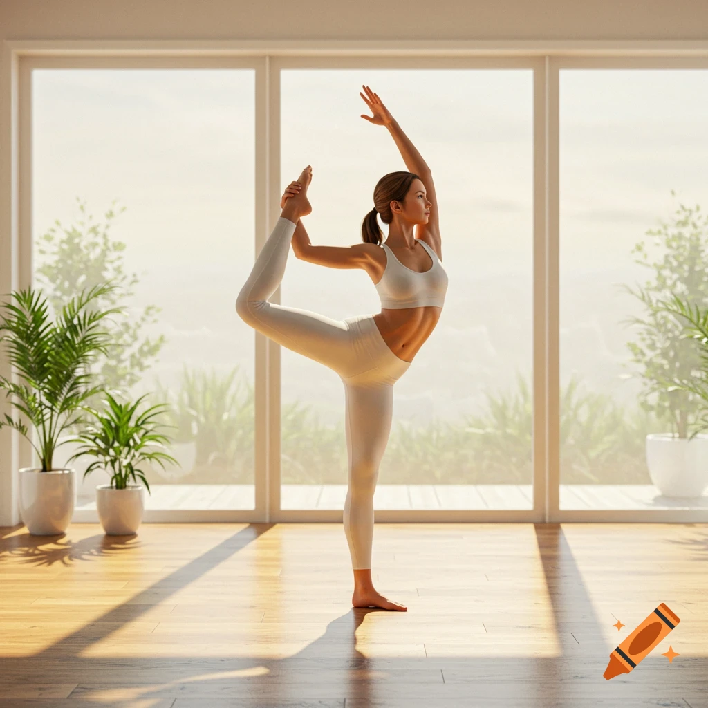 Woman in white yoga wear in a sunlit room performing a balancing yoga pose.