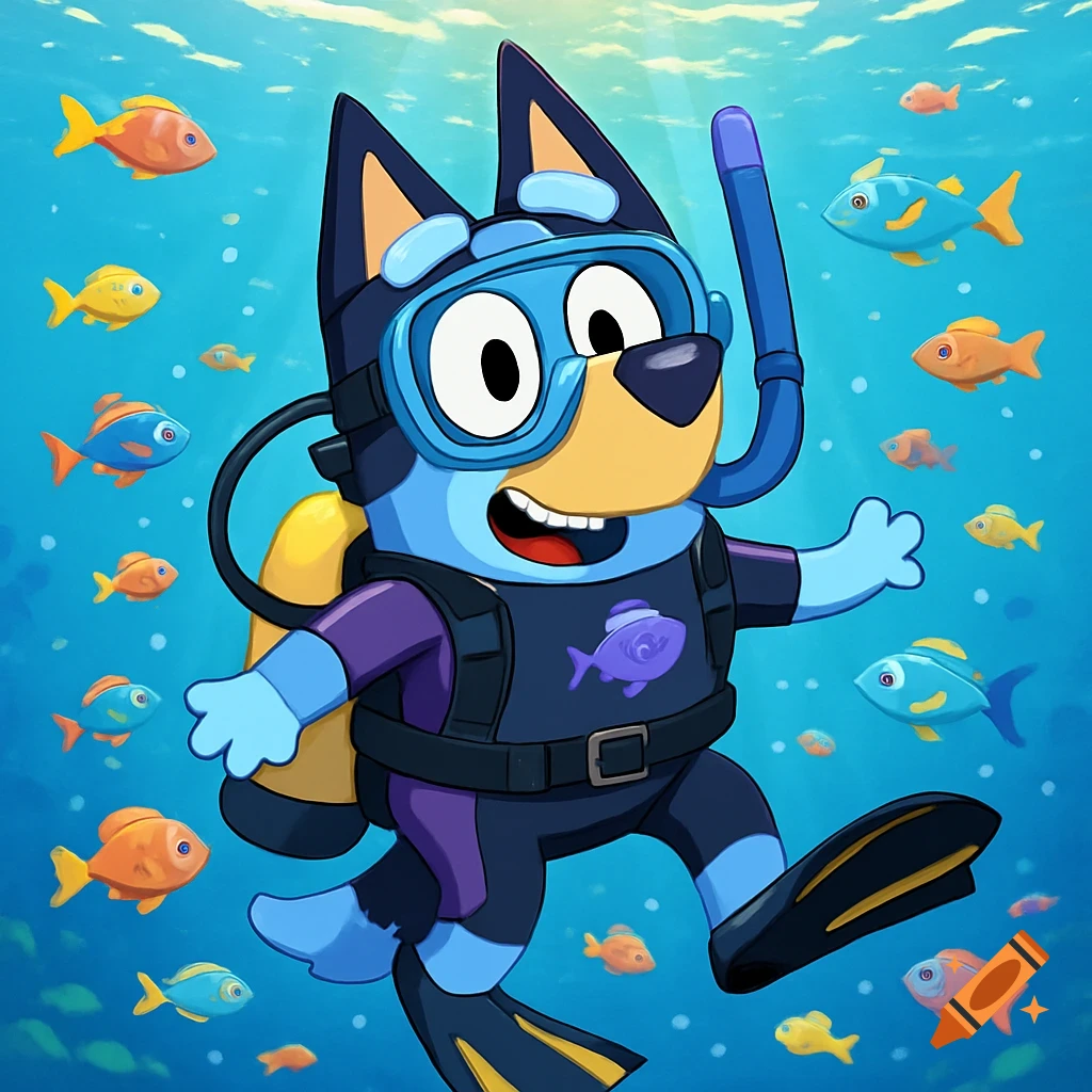 Bluey, a blue cartoon dog, scuba dives cheerfully underwater in a wetsuit, mask, snorkel, and flippers, surrounded by colorful fish.