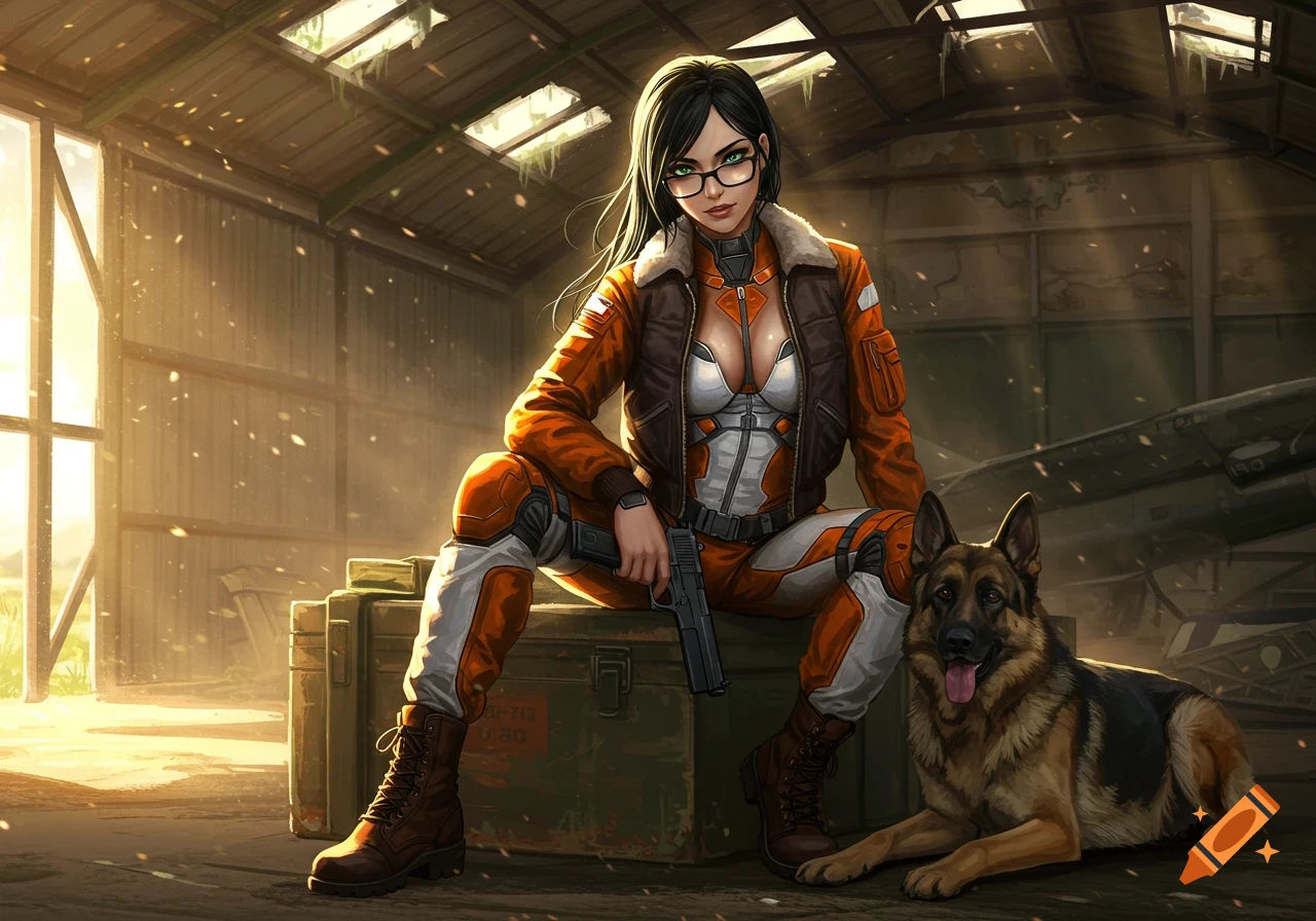 A woman in an orange flight suit and bomber jacket sits on a crate in a ruined hangar with a German Shepherd.