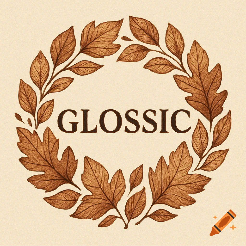 A circular fall-themed logo with brown leaves forming a wreath around the word GLOSSIC on a cream background, illustrated style.