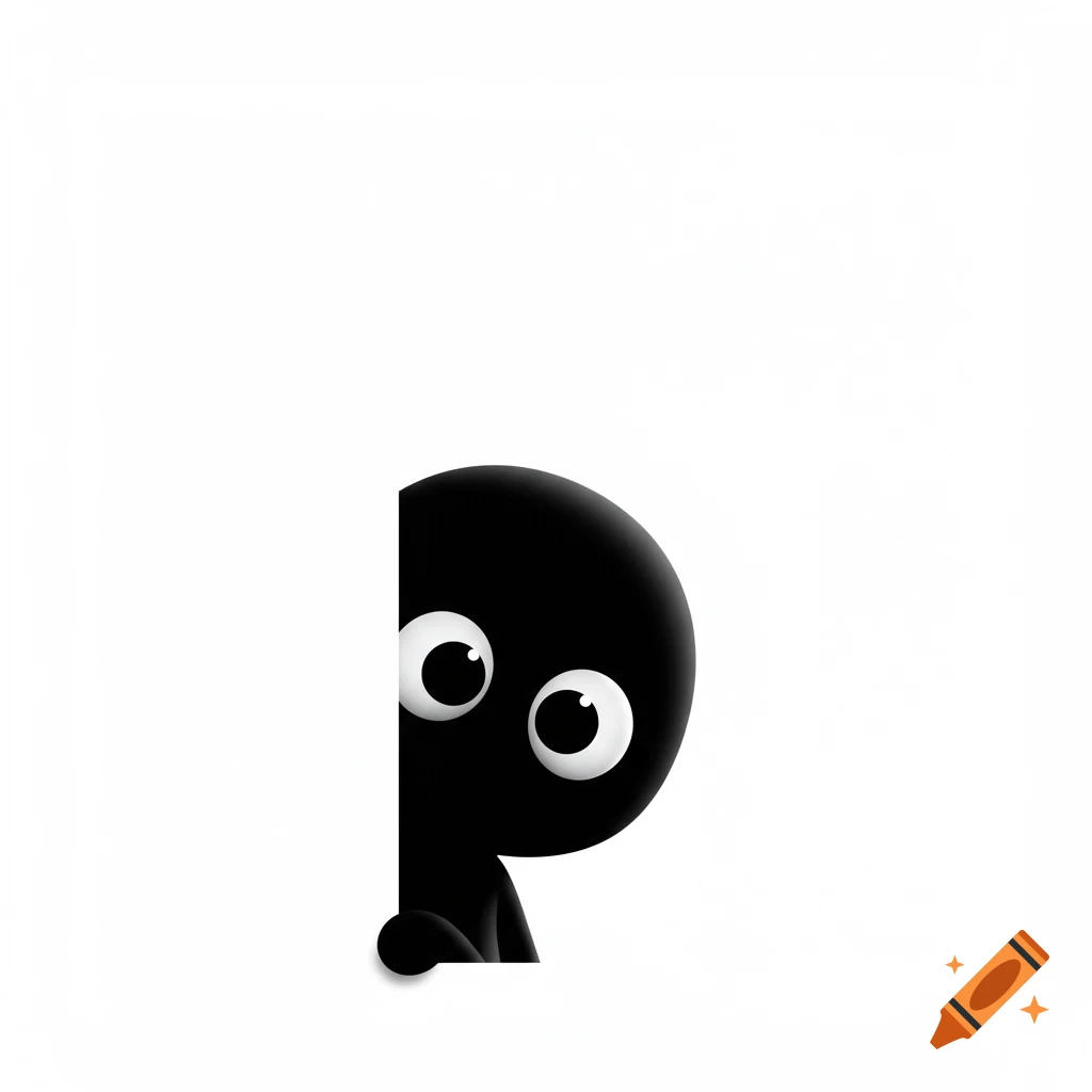 A cute, minimalist black silhouette cartoon character with large white eyes peeking from the right side of a white background.