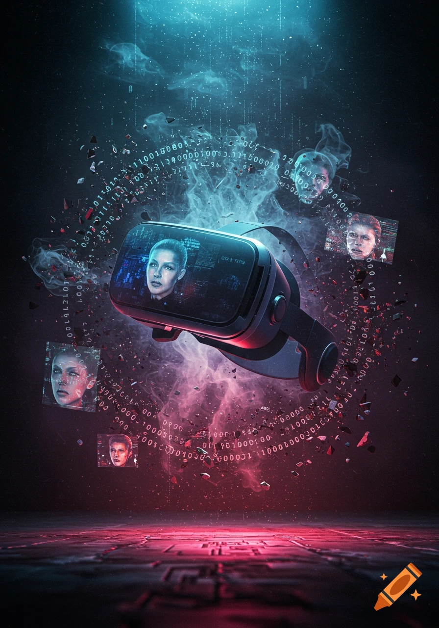 A virtual reality headset floats in a dark space, surrounded by glowing binary code, digital particles, and ghostly faces, in a vibrant blue and red light.