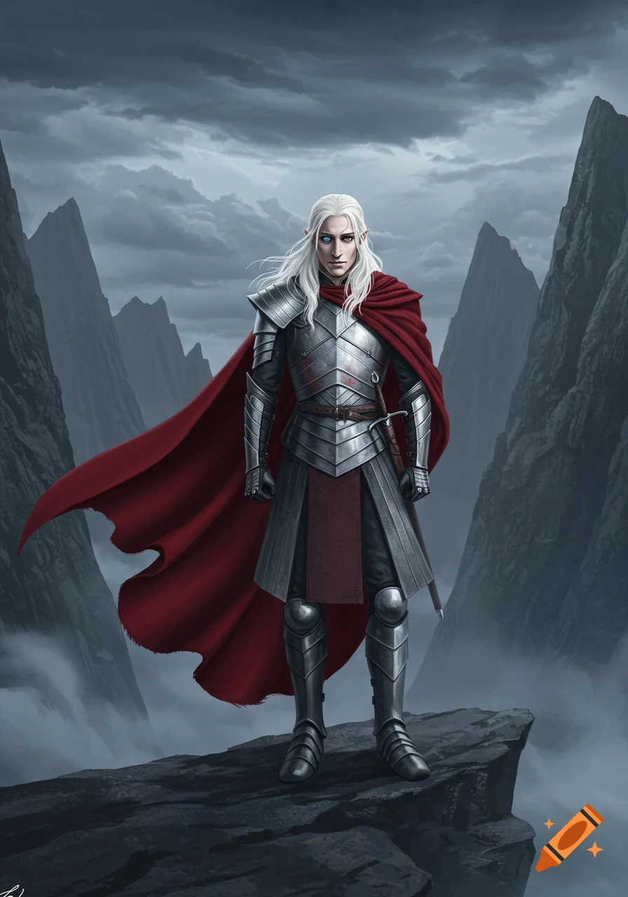 A pale, white-haired fantasy warrior in silver armor and a red cape stands on a rocky cliff before dark mountains.