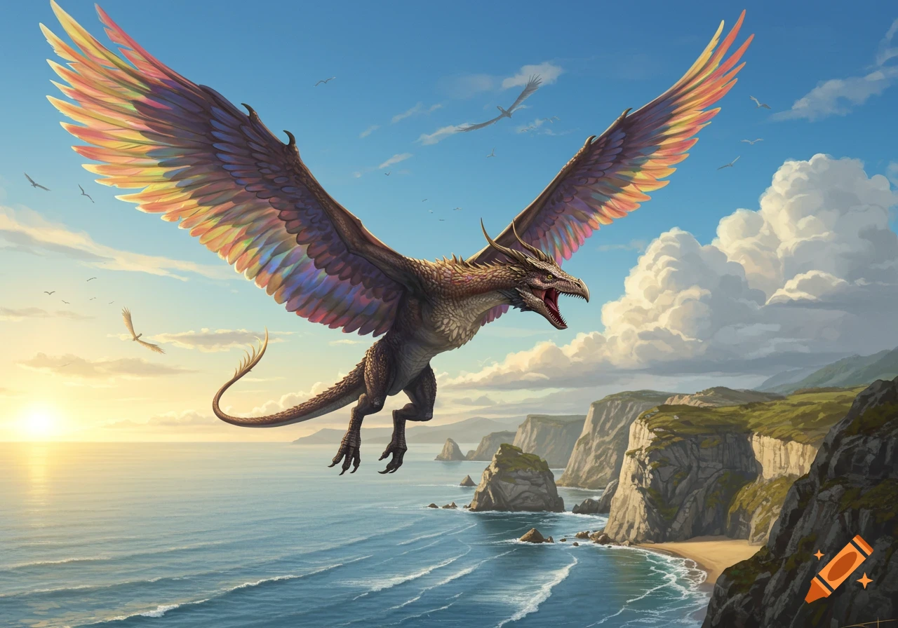A magnificent winged, feathered dragon soars over a dramatic coastline with cliffs and waves at sunset.