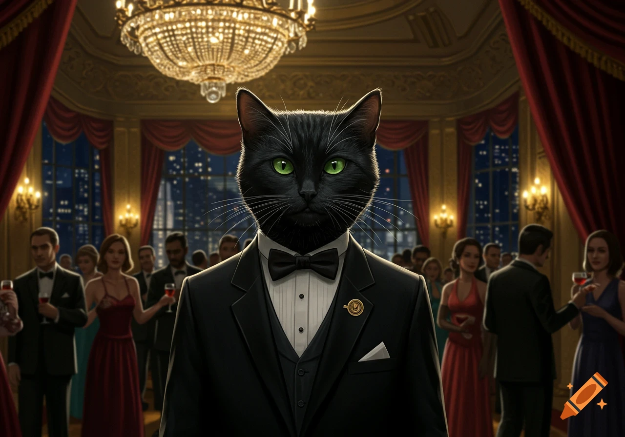 A sophisticated black cat in a tuxedo with glowing green eyes stands in a grand ballroom with blurred guests and chandeliers.