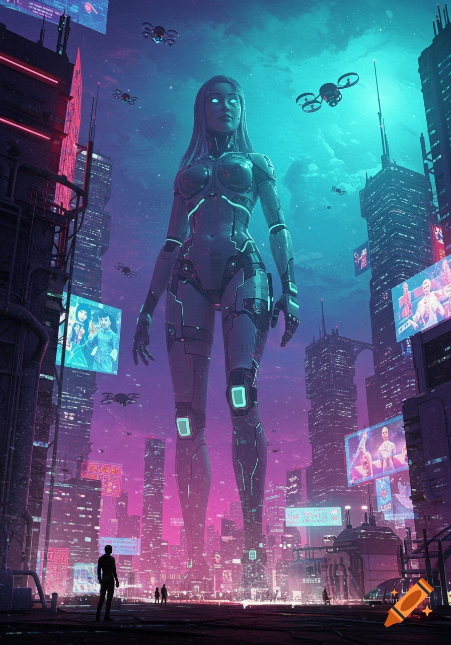 A giant robot woman stands in a futuristic, neon-lit cyberpunk city with flying drones.
