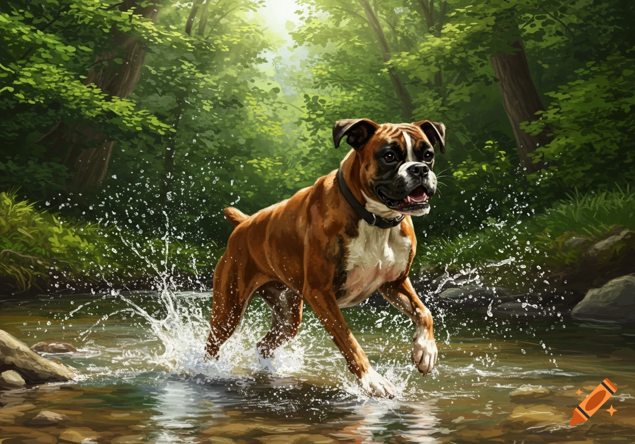A brown and white boxer dog runs through a shallow river, splashing water in a lush green forest.
