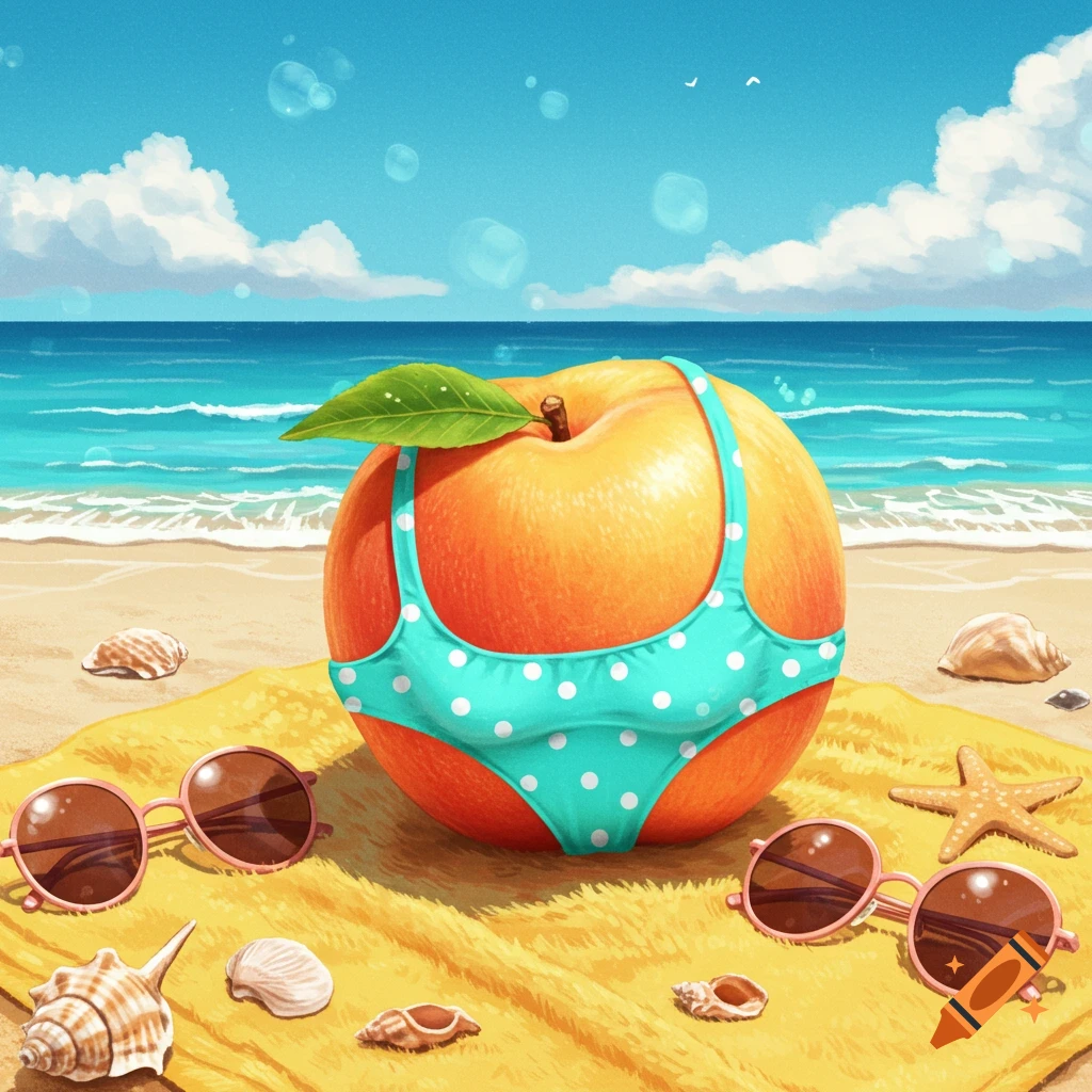 An illustration of a peach wearing a blue polka dot swimsuit on a beach, surrounded by sunglasses and seashells, with the ocean in the background.