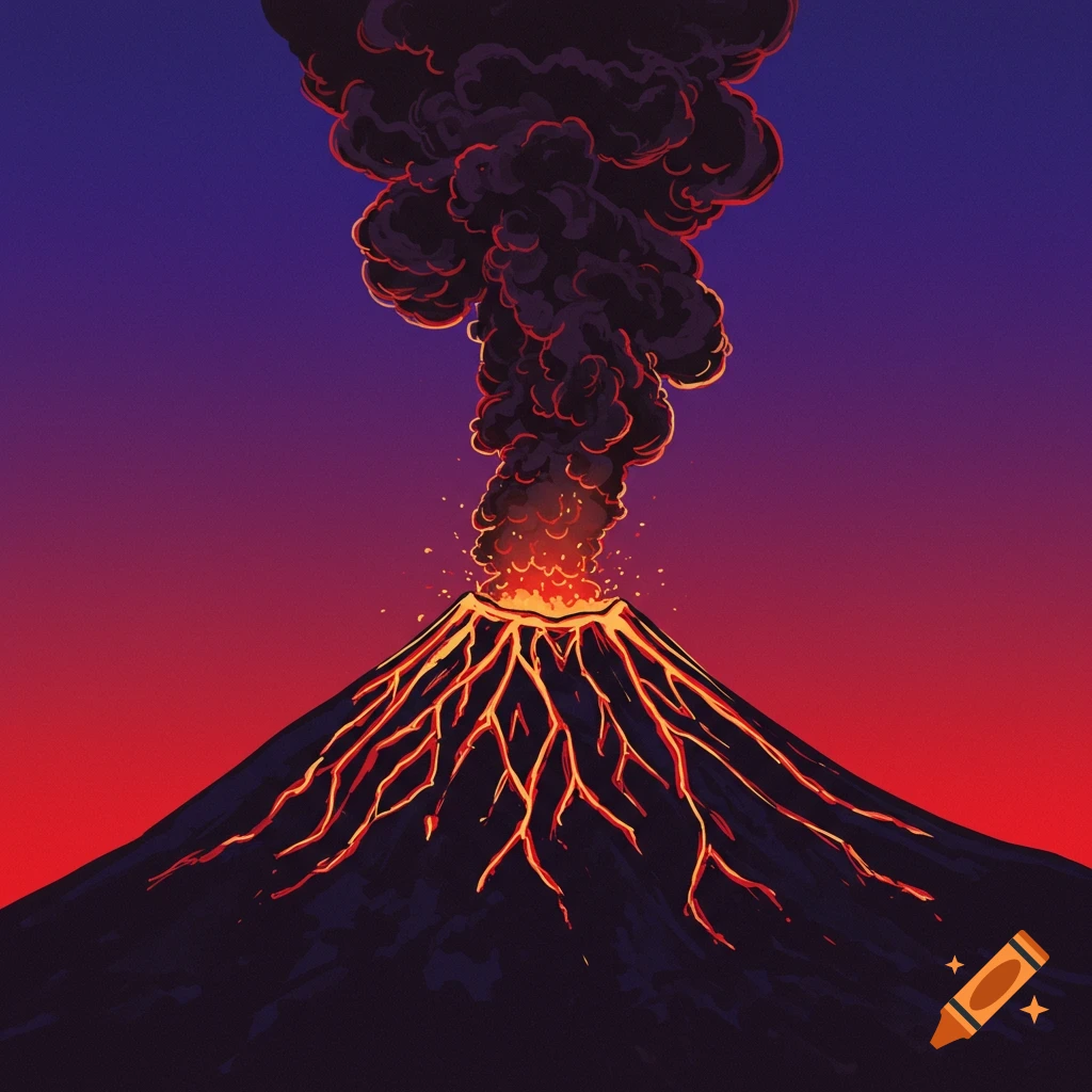 Illustrative depiction of an erupting volcano with smoke billowing from the crater and lava flowing down its sides at sunset.
