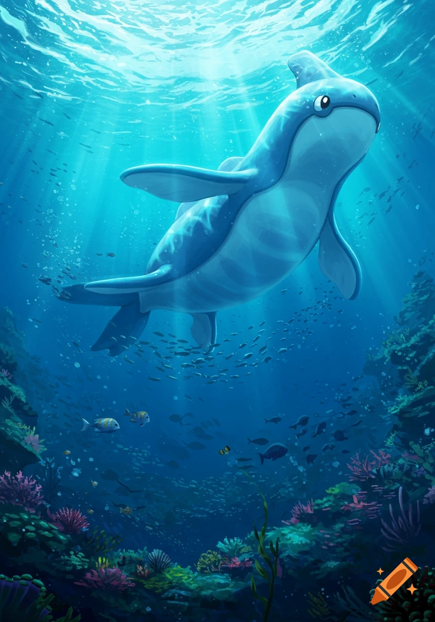 A cartoon blue Wailord swims in a vibrant coral reef, surrounded by fish and sunlight filtering through the ocean surface.