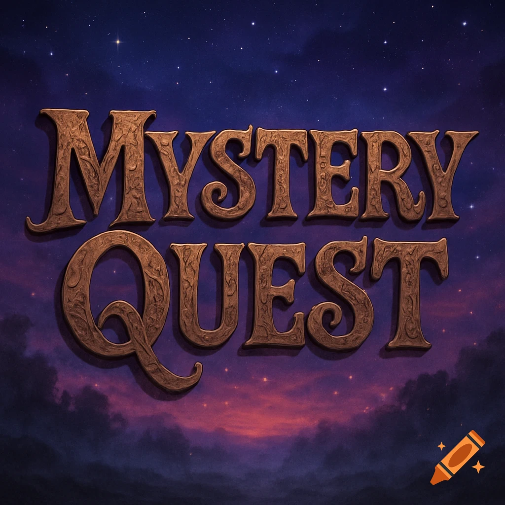 Stylized bronze-like text spelling 'MYSTERY QUEST' against a starry night sky with purple clouds.
