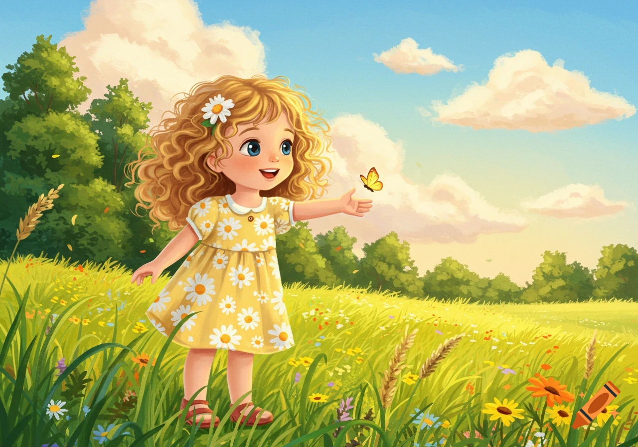 A cheerful cartoon little girl with curly blonde hair and a daisy in her hair, wearing a yellow daisy dress, stands in a vibrant green meadow with a butterfly on her hand, under a blue sky.